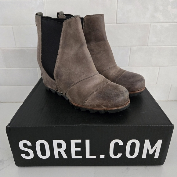 Sorel Lea Wedge Leather Boots Brown Gray Black Kettle Taupe Size 7.5 NL2334 - Picture 1 of 10